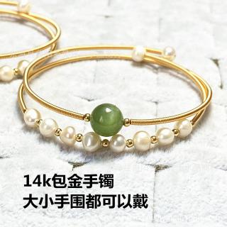 14k包金绕线手镯 天然和田玉和田碧玉淡水珍珠双圈手镯手链 女款