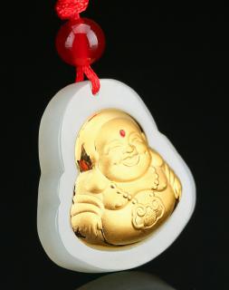 凤禧 护佑平安足金镶天然和田玉弥勒佛吊坠